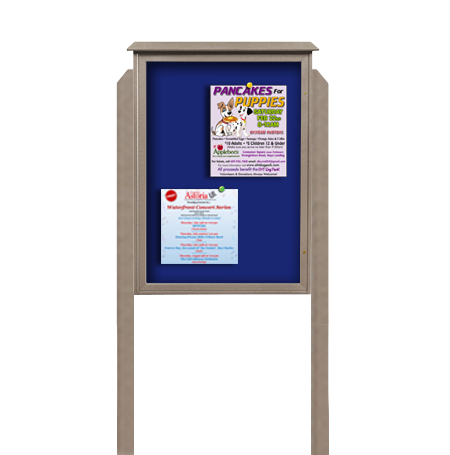38x54 Freestanding Outdoor Message Center with Fabric Magnetic Board - Eco-Friendly Recycled Plastic Enclosed Information Board (Shown in Weathered Wood Finish and Cobalt Accent Fabric)