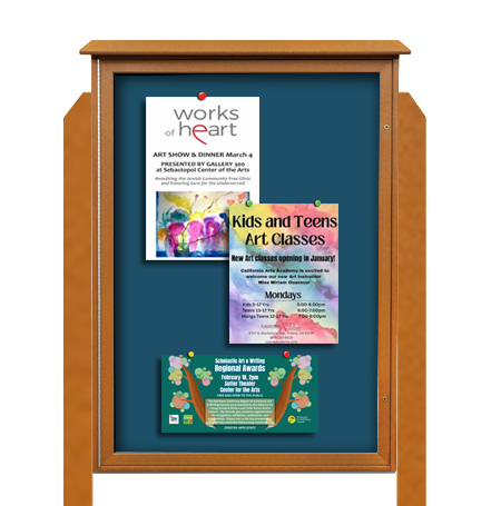 38x54 Freestanding Outdoor Message Center with Fabric Magnetic Board - Eco-Friendly Recycled Plastic Enclosed Information Board (Shown in Cedar Finish and Ultramarine Fabric)