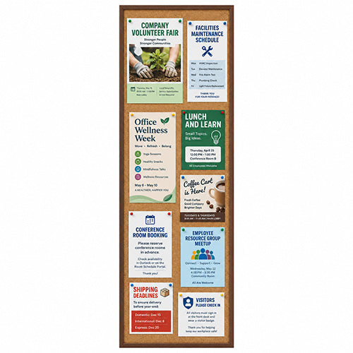 WIDE WOOD 12x48 Framed Cork Bulletin Board | Open Face with 2" Wide Hardwood Frame Profile + Colorful Fabric Covered Cork