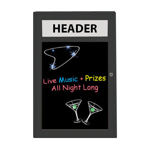 Outdoor Enclosed Dry Erase Markerboard with Radius Edge and Header - Black Porcelain Steel