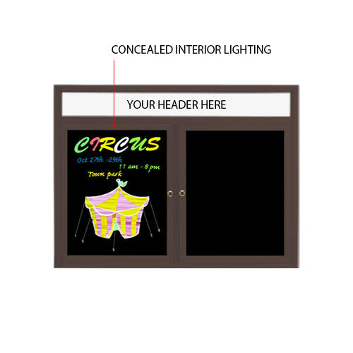 Outdoor Enclosed Dry Erase Marker Board with Header and Lights (2 and 3 Doors) - Black Porcelain Steel