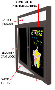 Outdoor Enclosed Dry Erase Markerboard with Header and Lights (2 and 3 Doors) - Black Porcelain Steel