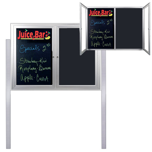 Outdoor Enclosed Dry Erase Marker Board with Posts 2-3 Doors with LED Lights + Black Magnetic Porcelain on Steel Writing Surface 35+ Sizes
