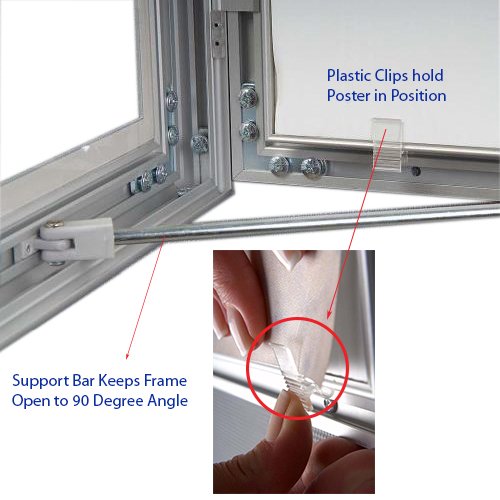 Enclosed 36 by 48 LOCKABLE outdoor poster case has a supportive bar when opening, and has clips for easily inserting posters.