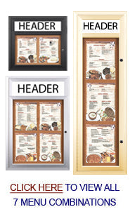 Indoor Enclosed Menu Cases with Header for 8 1/2" x 11" Portrait Menu Sizes
