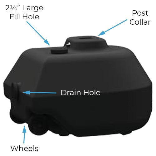 2.25" fill hole is located to the side of the post insert for filling the base with sand or water.