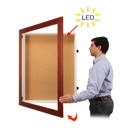 LED Lighted Large WIDE WOOD Framed Cork Board Shadow Box SwingFrames | 4" Deep Shadowbox Interior Cabinet in 10+ Sizes