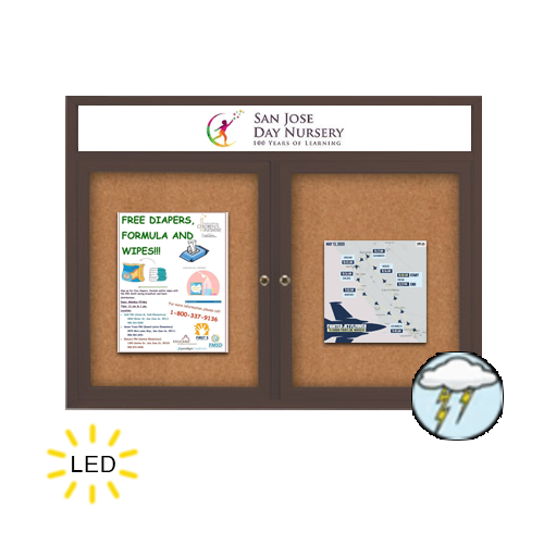 48 x 36 Enclosed Outdoor Bulletin Boards with Header & Lights 2 DOOR