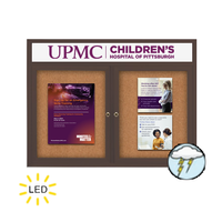 60 x 60 Enclosed Outdoor Bulletin Board with Message Header and LED Lights - Wall Mount 2 Door Cabinet