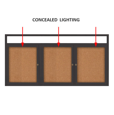 72 x 24 Indoor 3 Door Enclosed Bulletin Boards with Header and Lights | Metal Display Case