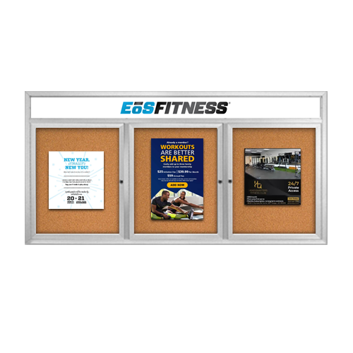 72 x 30 Enclosed Outdoor Bulletin Boards with Header & Lights 3 DOOR