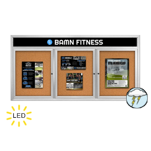 84 x 30 Enclosed Outdoor Bulletin Boards with Header & Lights 3 DOOR