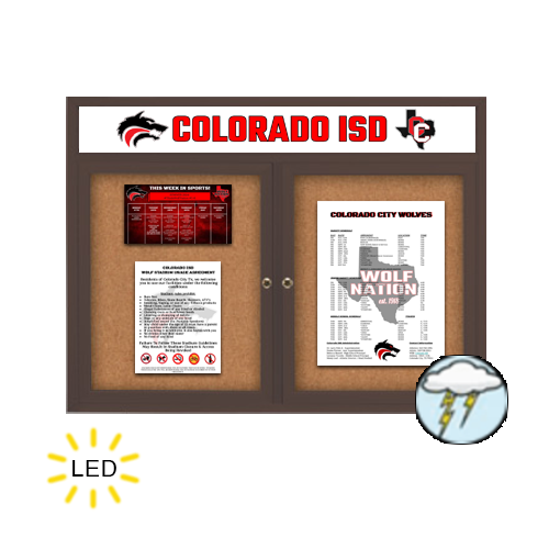 84 x 48 Enclosed Outdoor Bulletin Boards with Header & Lights 2 DOOR