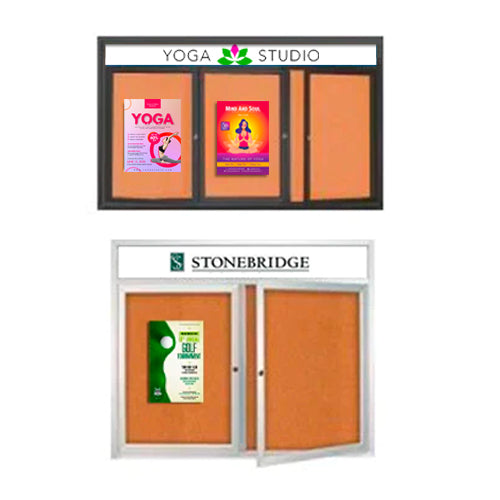Enclosed Outdoor Bulletin Boards + Message Header and LED Lights with 2-3 Doors in 35+ Sizes