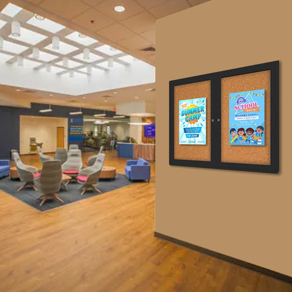 Indoor Enclosed Bulletin Board 48x36, Rounded Cabinet Corners with 2-Door Metal Display Case