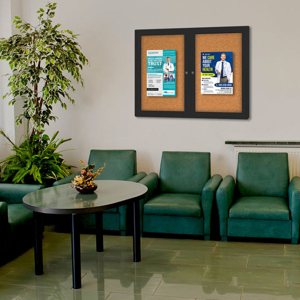 Indoor Enclosed Bulletin Board 48x36, Rounded Cabinet Corners with 2-Door Metal Display Case