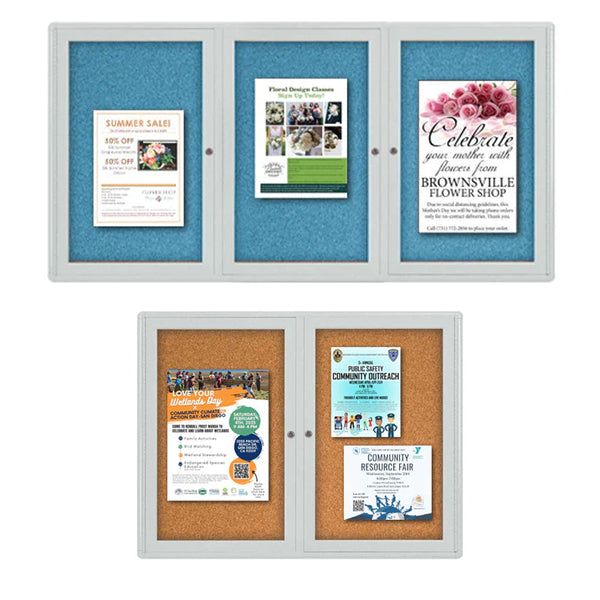 Indoor Enclosed Bulletin Cork Board Display Cases with Smooth Rounded Corners. 2 & 3 Door Metal Cabinet in 30+ Sizes