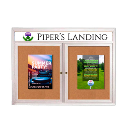 Indoor Enclosed Bulletin Boards 42 x 32 with Rounded Corners 2 Doors & Personalized Header