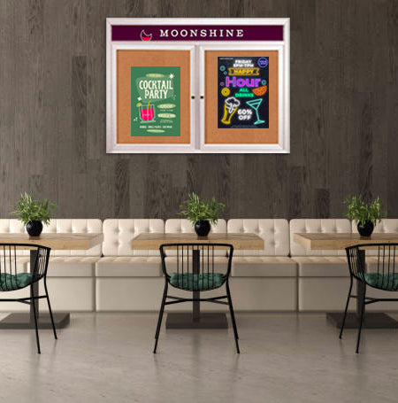 Indoor Enclosed Bulletin Boards 48 x 60 with Rounded Corners 2 Doors & Personalized Header