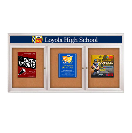Indoor Enclosed Bulletin Boards 72 x 24 with Rounded Corners 3 Doors & Personalized Header