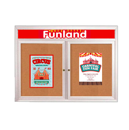 Indoor Enclosed Bulletin Boards 72 x 24 with Rounded Corners 2 Doors & Personalized Header