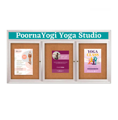 Indoor Enclosed Bulletin Boards 72 x 36 with Rounded Corners 3 Doors & Personalized Header