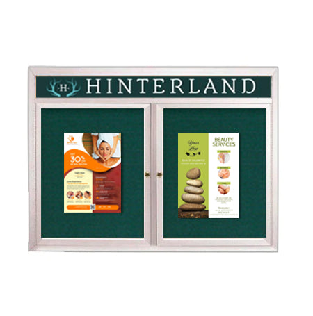 Indoor Enclosed Bulletin Boards 84 x 30 with Rounded Corners 2 Doors & Personalized Header