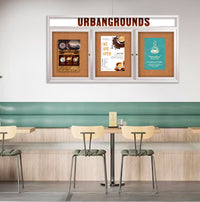 Indoor Enclosed Bulletin Boards 84 x 48 with Rounded Corners 3 Doors & Personalized Header