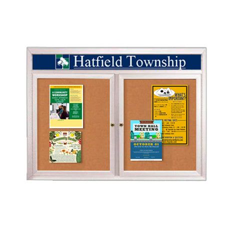 Indoor Enclosed Bulletin Boards 96 x 24 with Rounded Corners 2 Doors & Personalized Header