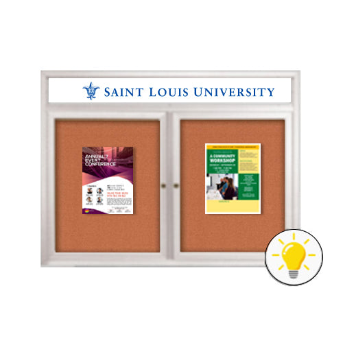 48x48 Indoor Bulletin Board with Two Doors, Safe, Sleek Radius Metal Cabinet Design, LED Lighting, and Your Personalized Message Header