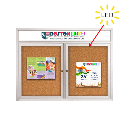 Enclosed Indoor Bulletin Boards 60 x 60 with Header & Lights (Radius Edge) (2 DOORS)