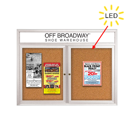Enclosed Indoor Bulletin Boards 72 x 36 with Header & Lights (Radius Edge) (2 DOORS)