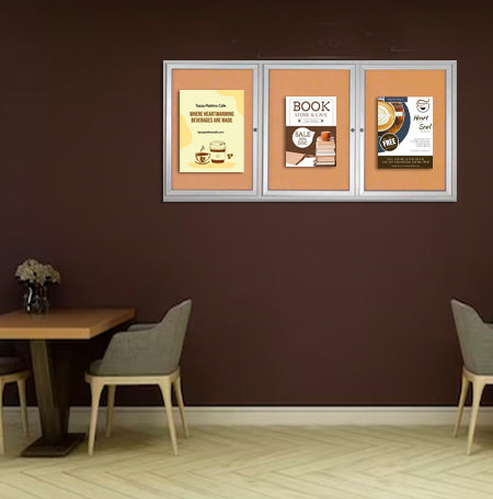 Enclosed Indoor Bulletin Boards 72 x 24 with Interior Lighting and Radius Edge (3 DOORS)