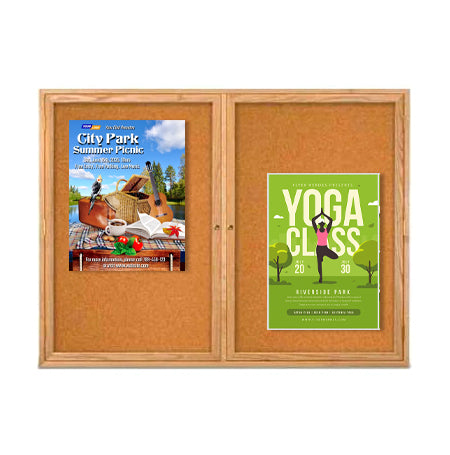 48 x 48 WOOD Enclosed Bulletin Cork Board | 2 Door Display Case Wall Mount, Indoor Message Board