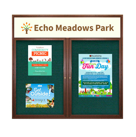 84 x 36 WOOD Indoor Enclosed Bulletin Cork Boards with Message Header (2 DOORS)