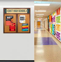 84 x 36 WOOD Indoor Enclosed Bulletin Cork Boards with Message Header (2 DOORS)