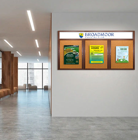 84 x 30 Indoor Wood Enclosed Bulletin Boards with Header & Lights (3 DOORS)
