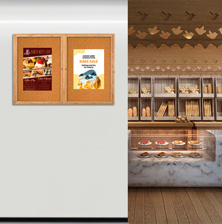 48 x 60 WOOD Indoor Enclosed Bulletin Cork Boards with Interior Lighting (2 DOORS)