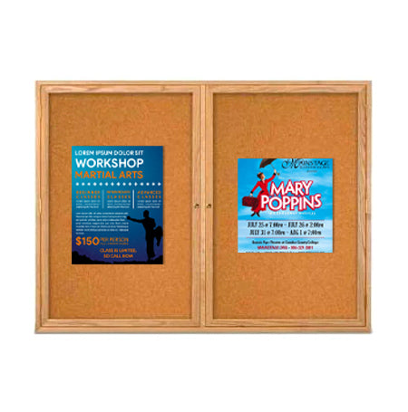 60 x 36 WOOD Indoor Enclosed Bulletin Cork Boards with Interior Lighting (2 DOORS)