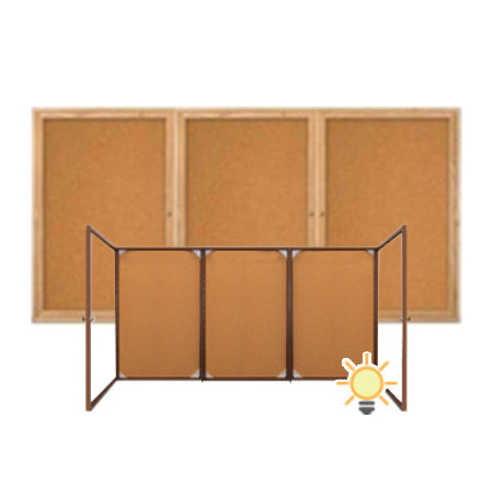 84 x 30 WOOD Indoor Enclosed Bulletin Cork Boards with Interior Lighting (3 DOORS)
