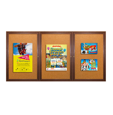 96 x 30 WOOD Indoor Enclosed Bulletin Cork Boards with Interior Lighting (3 DOORS)