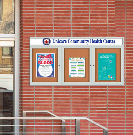 Enclosed Outdoor Bulletin Boards 72 x 24 with Message Header and Radius Edge (3 DOORS)