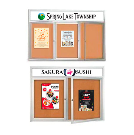2-3 Door Enclosed Outdoor Bulletin Boards with Your Message Header and Radius Edge Cabinet Corners | All-Weather, Wall Mount Aluminum Display Case 35+ Sizes
