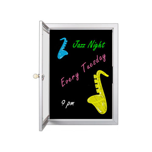 Extra Large Outdoor Dry Erase Marker Board SwingCases with Radius Edge and Light | Gloss Black Board Magnetic Porcelain Steel