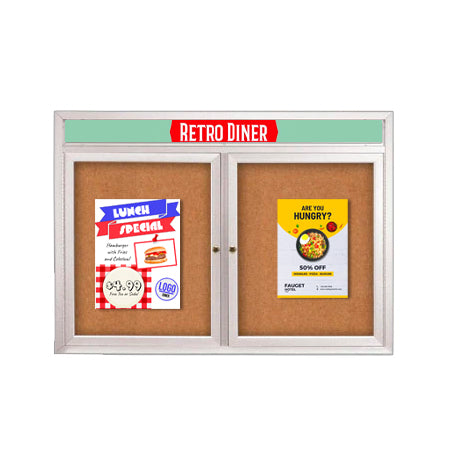 Enclosed Indoor Enclosed Bulletin Boards 48 x 60 w Message Header + Radius Edge 2 DOOR