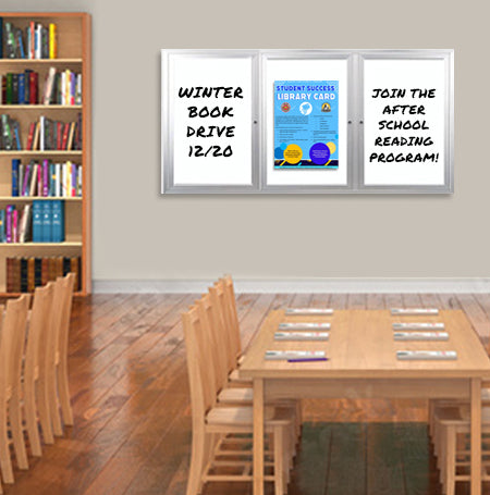 Indoor Dry Erase Marker Board with Radius Edge Cabinet | 2 and 3 Door Metal Display Case | White Porcelain on Steel Surface in 35+ Sizes