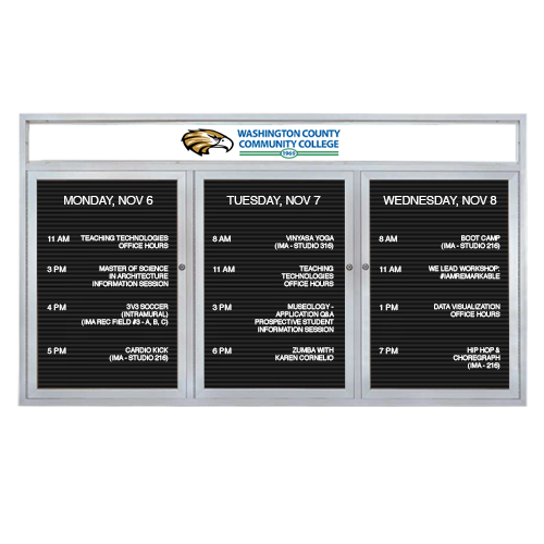 EXTREME WeatherPLUS Multi-Door Outdoor Enclosed Letter Boards with Header | Shown in Satin Silver finish with 3 Locking Doors