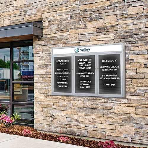 EXTREME WeatherPLUS LED-Illuminated Multi-Door Outdoor Enclosed Letter Boards with Header | Shown in Satin Silver finish with 3 Locking Doors
