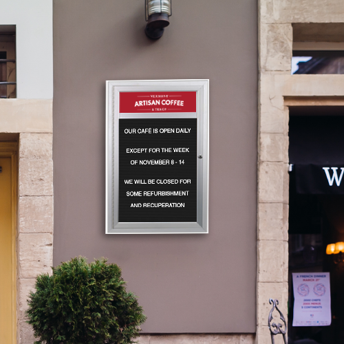 EXTREME WeatherPLUS Radius-Edge Outdoor Enclosed Letter Boards with Header | Shown in Satin Silver Finish with Black Letterboard Panel