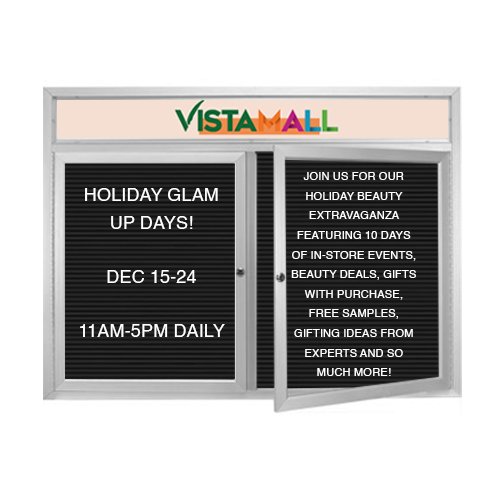 EXTREME WeatherPLUS Multi-Door Radius Edge Outdoor Enclosed Letter Boards with Header | Shown in Satin Silver finish with Black Letterboard Panel and 2 Locking Doors